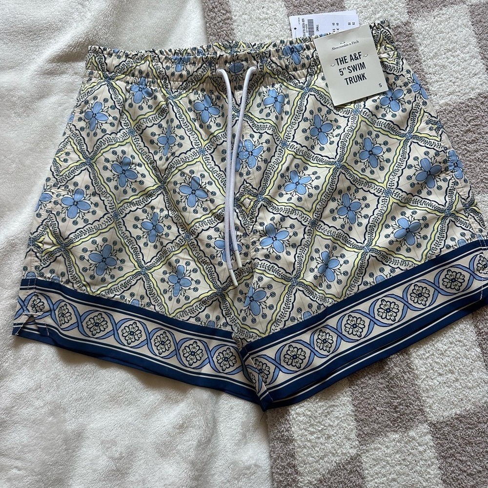 Abercrombie & Fitch Floral Swim Trunks - Blue and Cream